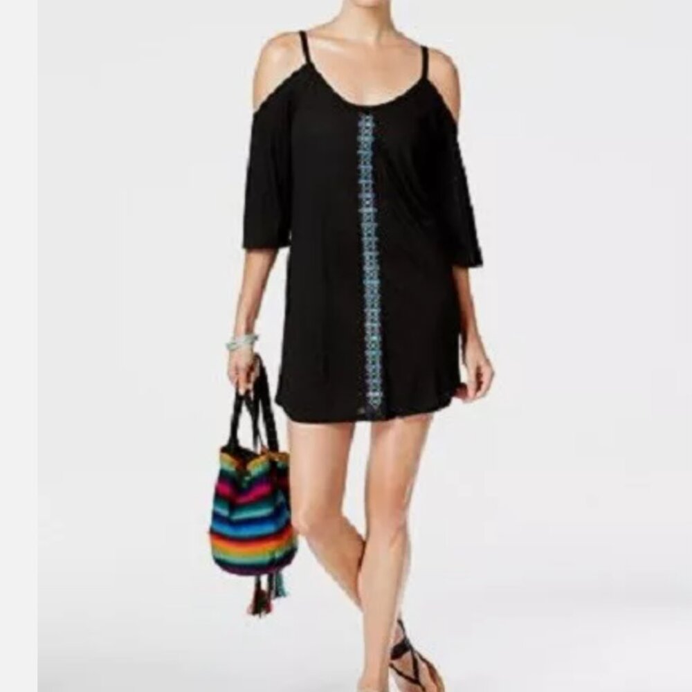 Dotti Black Cold-Shoulder Swim Coverup with Turquoise Trim
